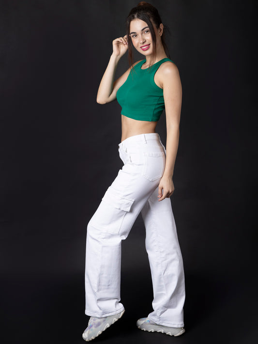 Stylish white cargo denim jeans from OMG Jeans, featuring a high-waist fit with utility pockets, paired with a green crop top and trendy sneakers for a bold and modern look.