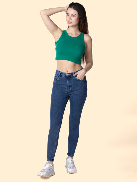 Women Navy Blue Skinny Fit Stretchable Cropped Jeans