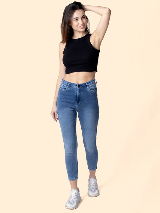 Women Light Blue Skinny Fit Stretchable Cropped Jeans