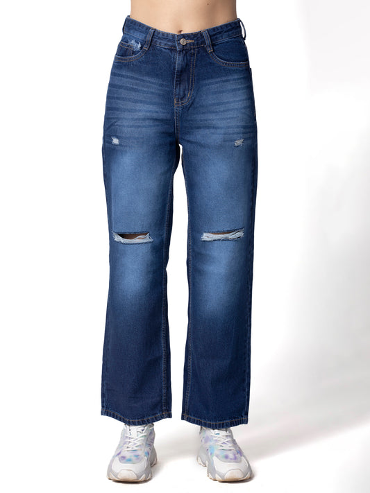 Women Navy Blue Straight Fit Slash Knee Stretchable Jeans