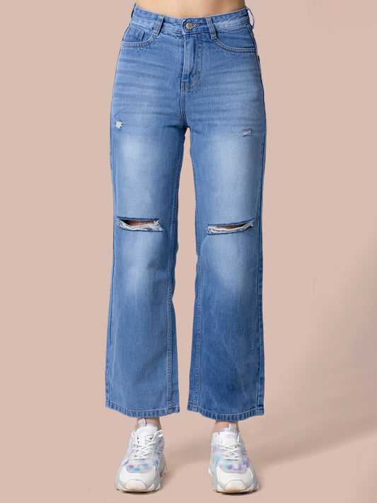 Women Light Blue Straight Fit Slash Knee Stretchable Jeans