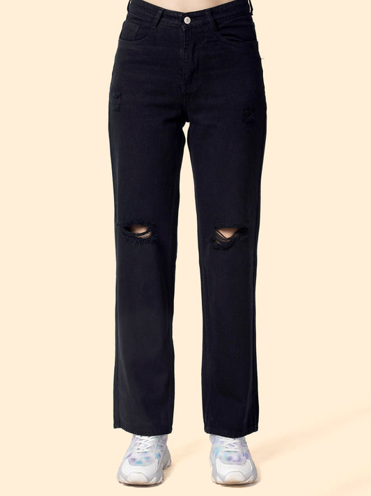 Women Black Straight Fit Slash Knee Stretchable Jeans