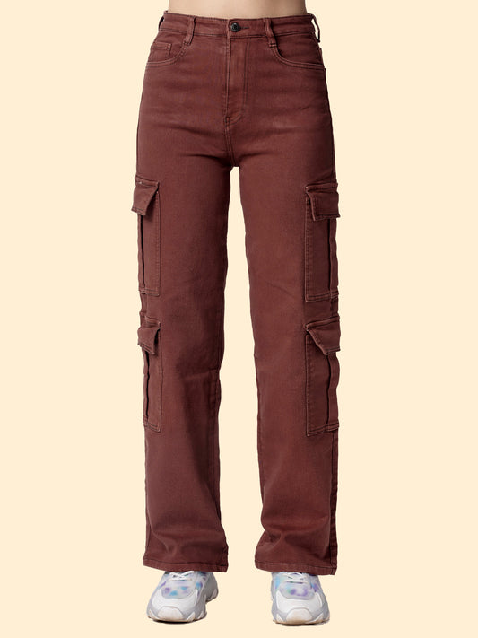 Women Light Brown Straight Fit Cargo Jeans