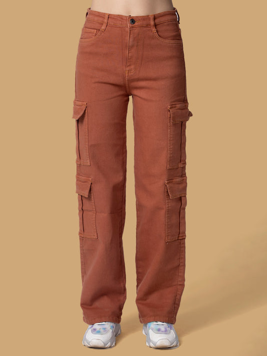 Women Rust Straight Fit Cargo Jeans