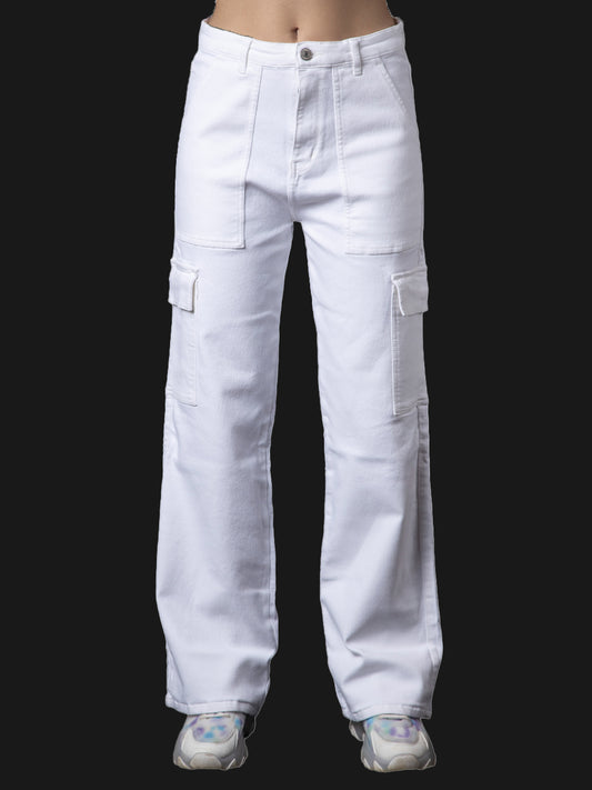 Women White Straight Fit Cargo Jeans