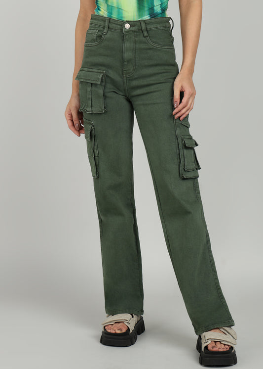 Women Olive Green Straight Fit Cargo Jeans