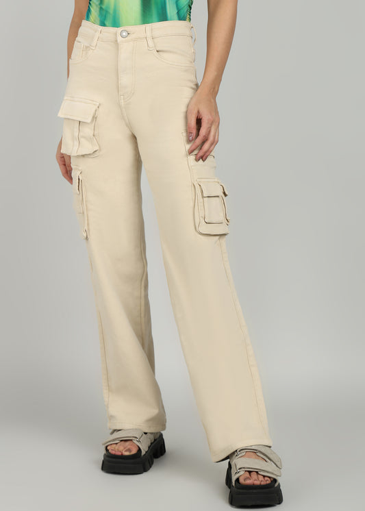 Women Cream Straight Fit Cargo Jeans