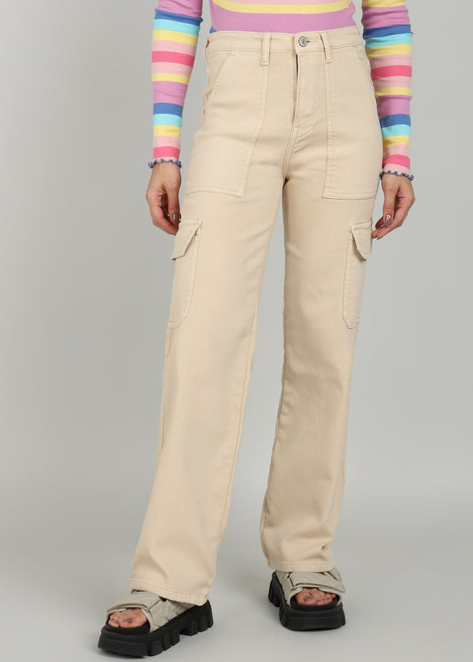 Women Beige Straight Fit Cargo Jeans