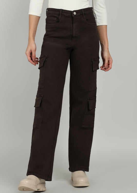 Women Coffee Brown Straight Fit Cargo Jeans