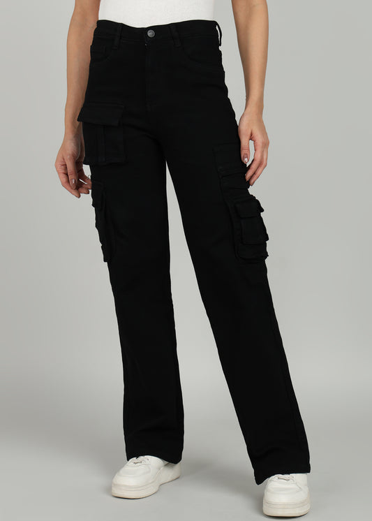 Women Black Straight Fit Cargo Jeans