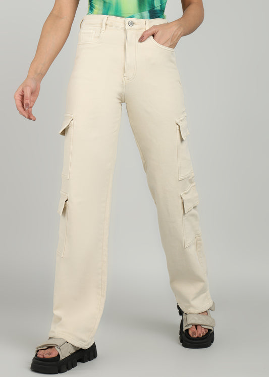 Women Beige Straight Fit Cargo Jeans