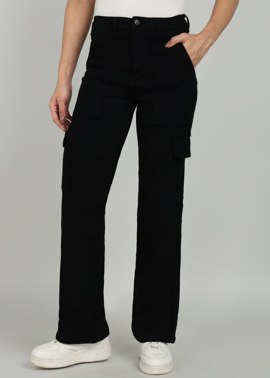 Women Black Straight Fit Cargo Jeans