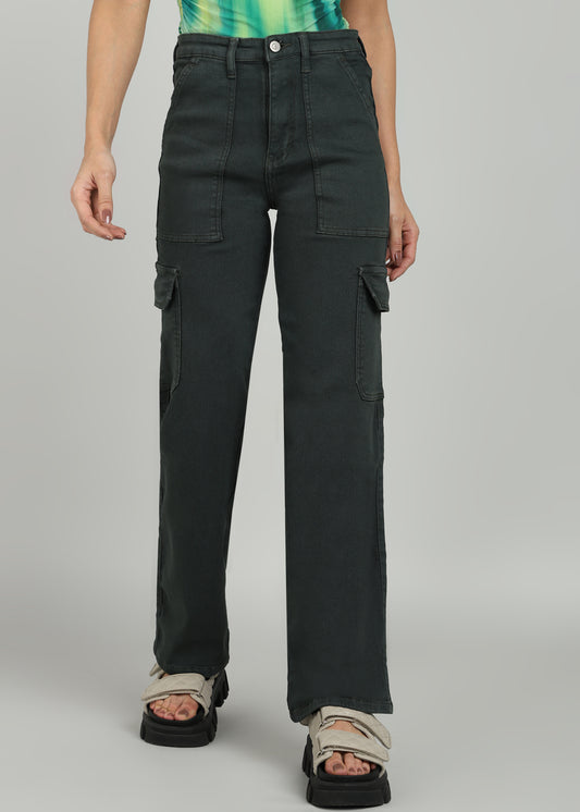 Women Bottlegreen Straight Fit Cargo Jeans