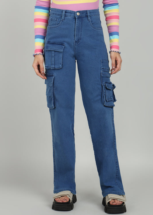 Women Stone Blue Straight Fit Cargo Jeans