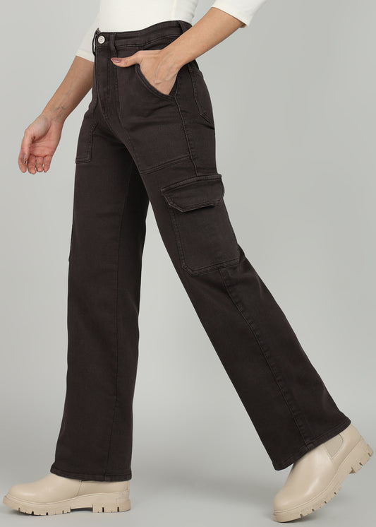 Women Dark Brown Straight Fit Cargo Jeans