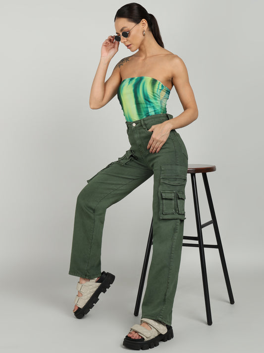 Women Olive Green Straight Fit Cargo Jeans