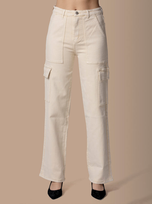 Women Off White Straight Fit Cargo Jeans