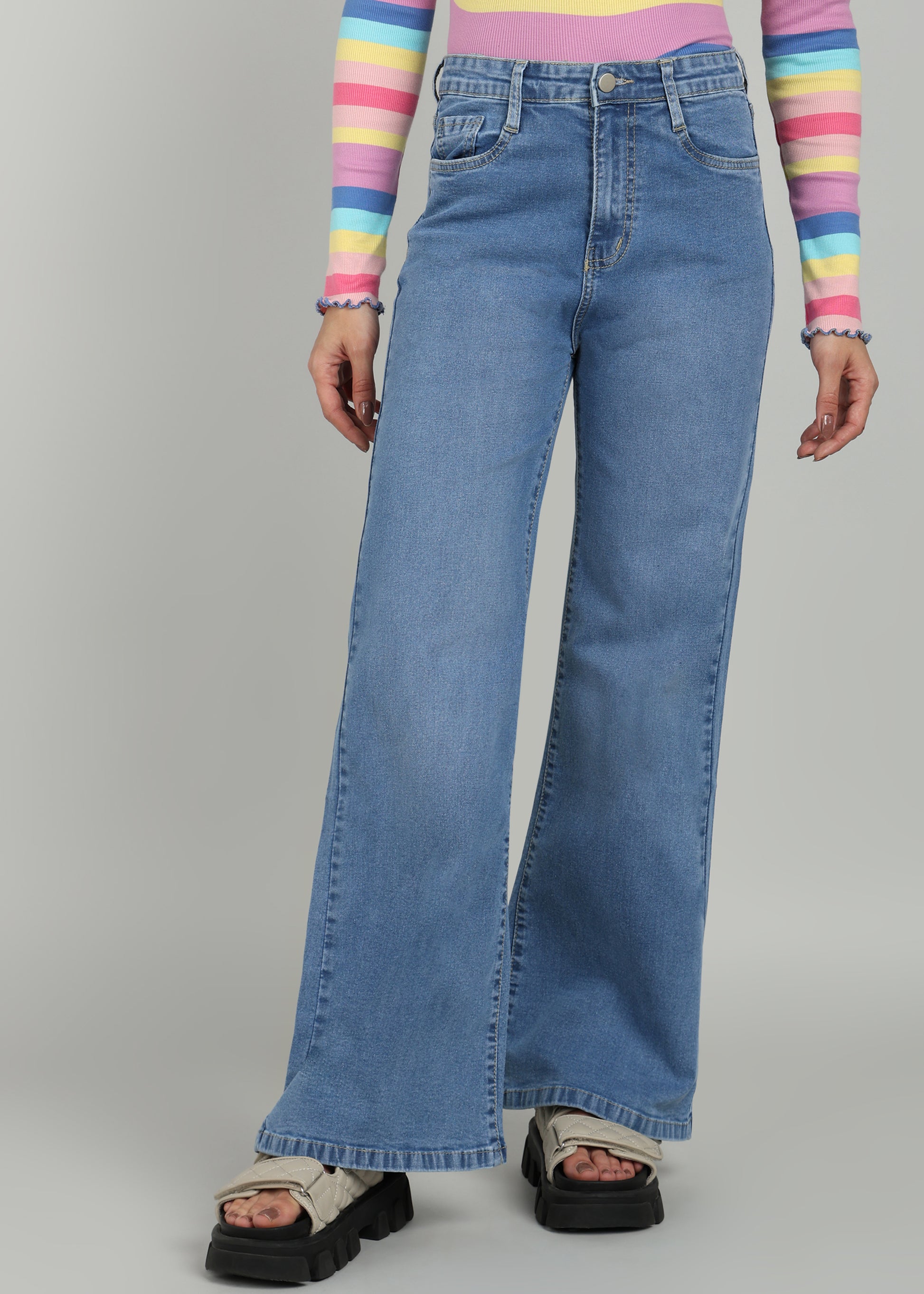 Women Stone Blue Wide Leg Jeans