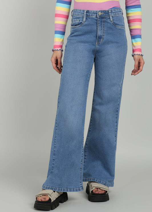 Women Stone Blue Wide Leg Jeans