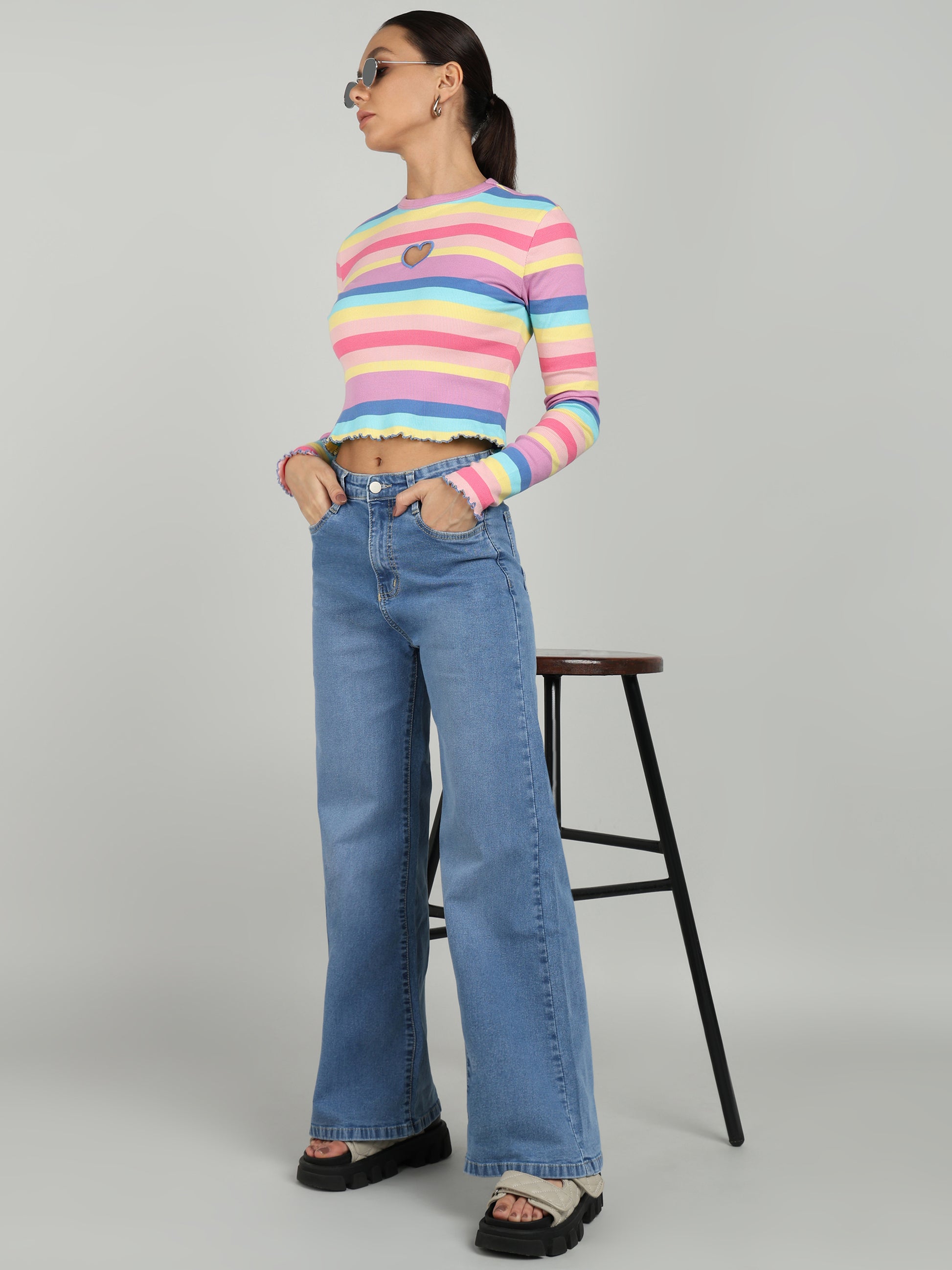 Women Stone Blue Wide Leg Jeans