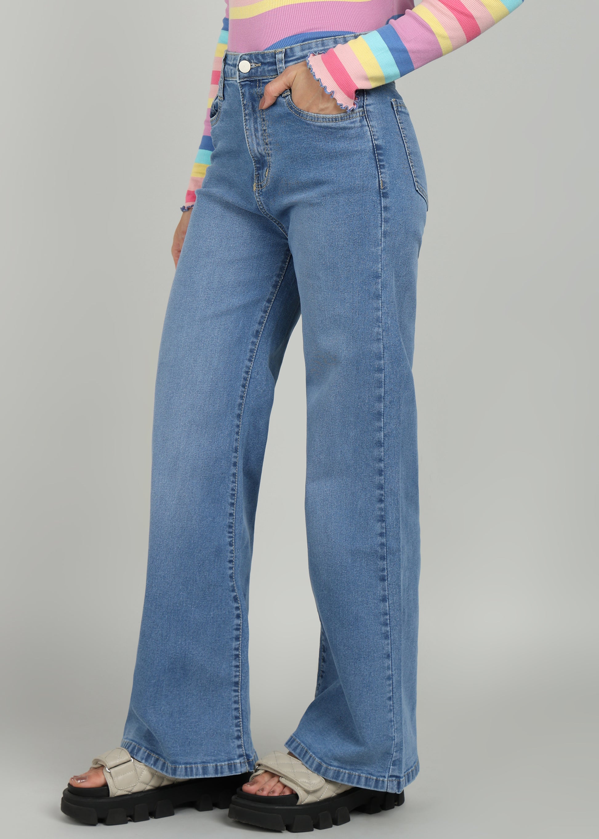 Women Stone Blue Wide Leg Jeans