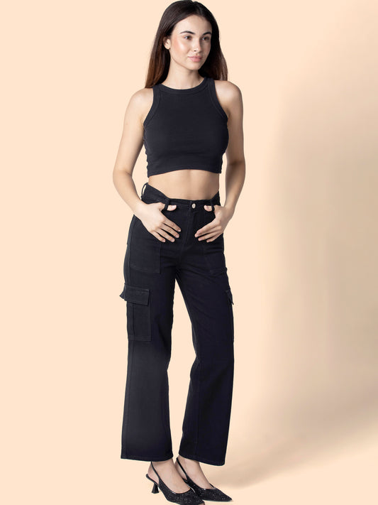 Stylish black high-waist cargo pants from OMG Jeans, featuring multiple pockets and a relaxed fit, paired with a black crop top and heels for a chic look.